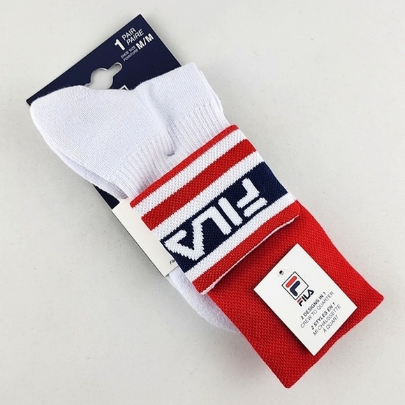 ⭐3/ $30⭐ FILA Heritage Unisex 2 Design In 1 Crew To Quarter Socks White Red - Picture 1 of 8